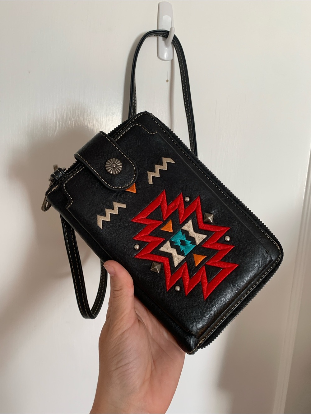 Black Embroidered Southwestern Crossbody Wallet